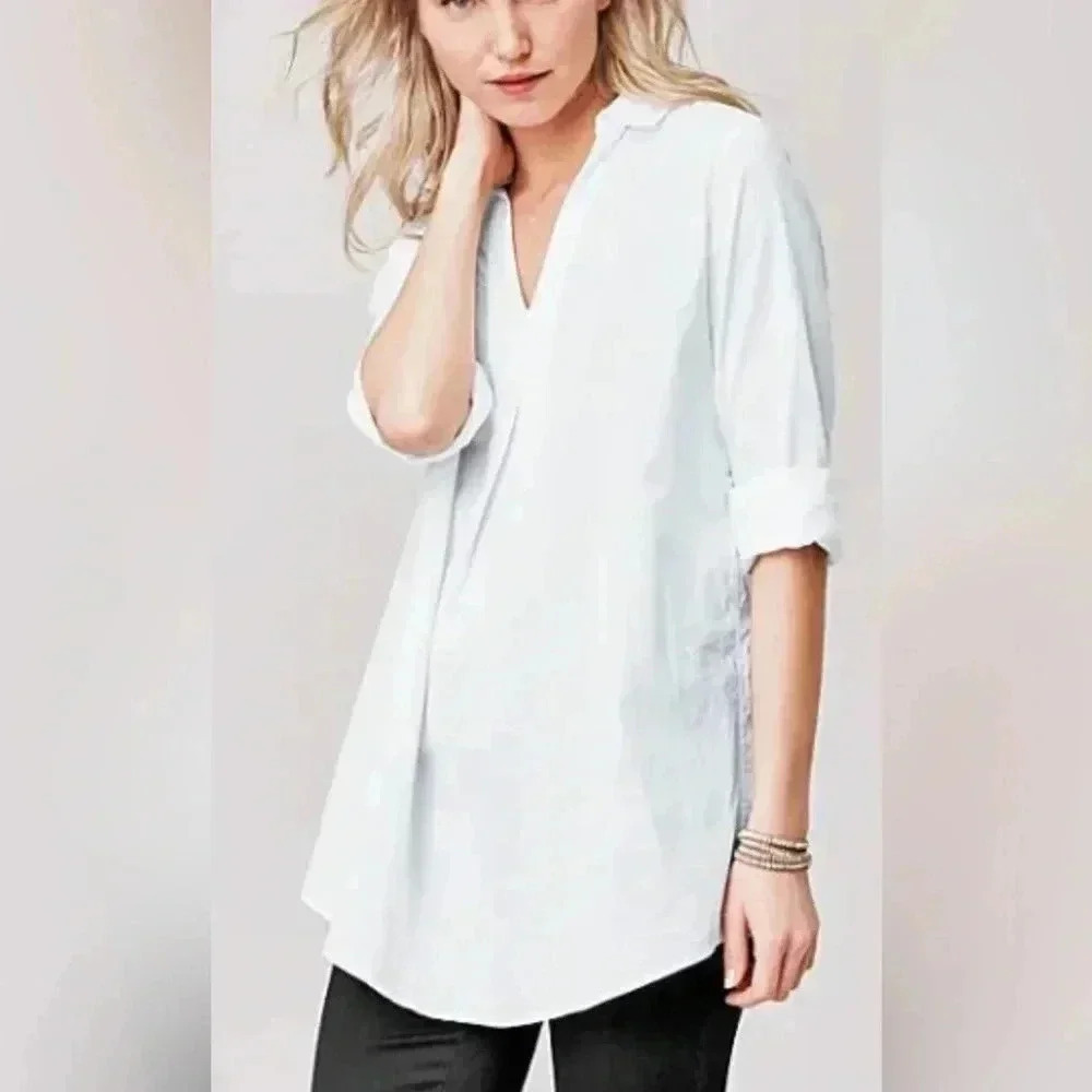 Garnet Hill Organic Cotton 100% Silk Bright White Tunic Medium